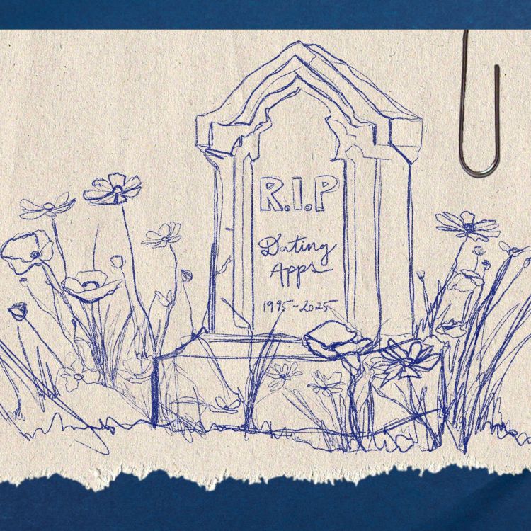 An illustration of a headstone that reads "R.I.P. Dating Apps"